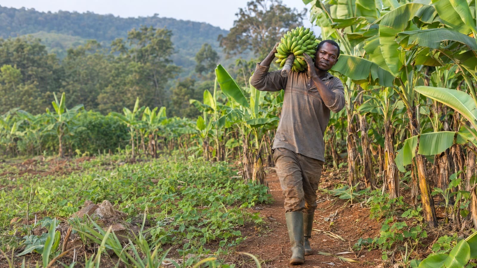 A farmer carrying a freshly harvested bunch of bananas through the plantation
