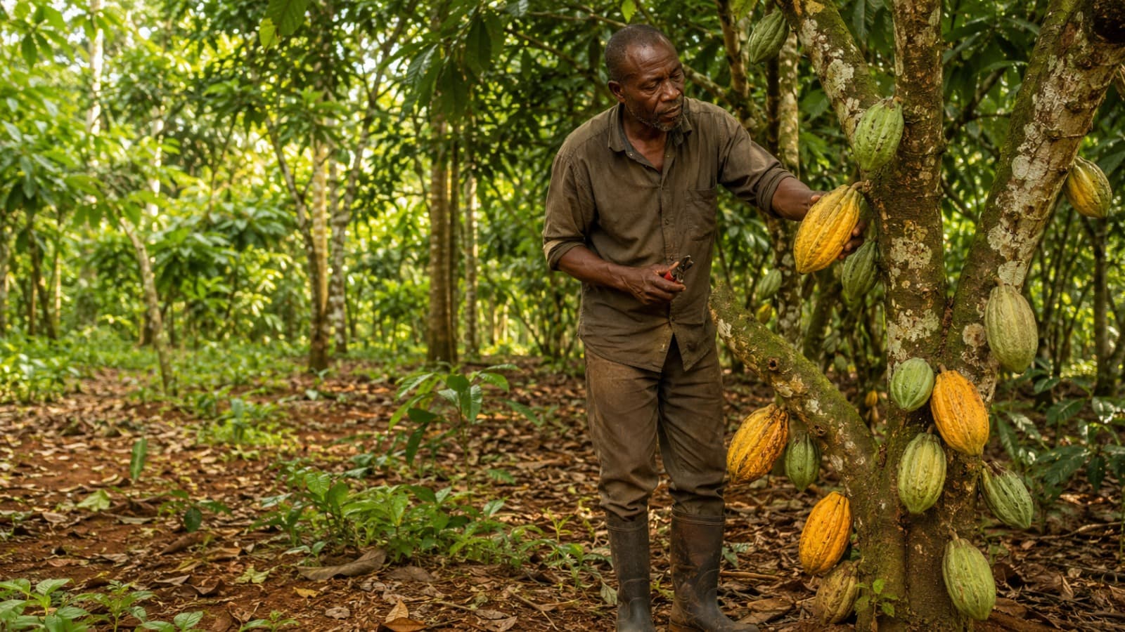 A farmer inspecting ripe cocoa pods on the tree