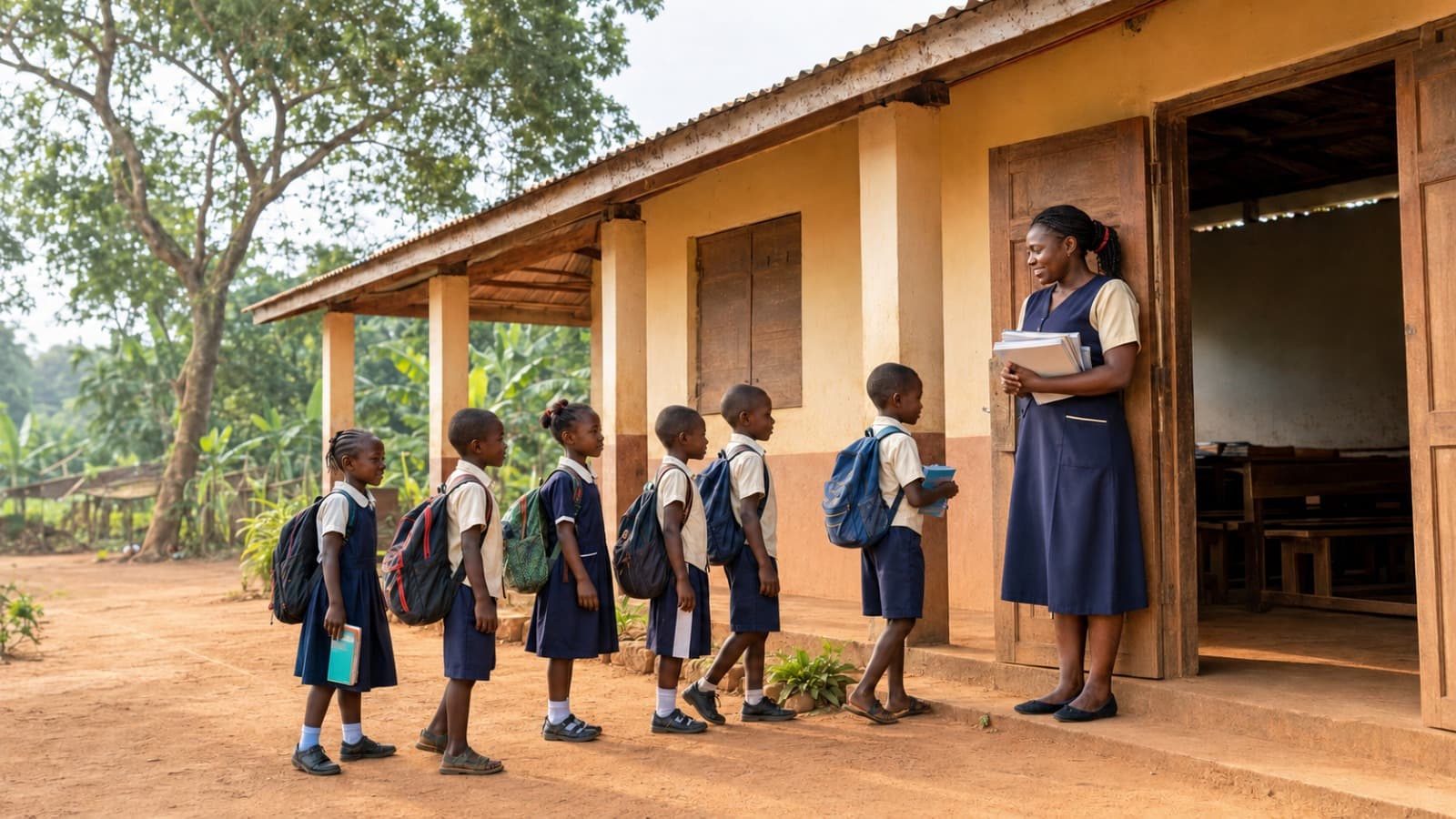 Schoolchildren greeting their teacher at the classroom door