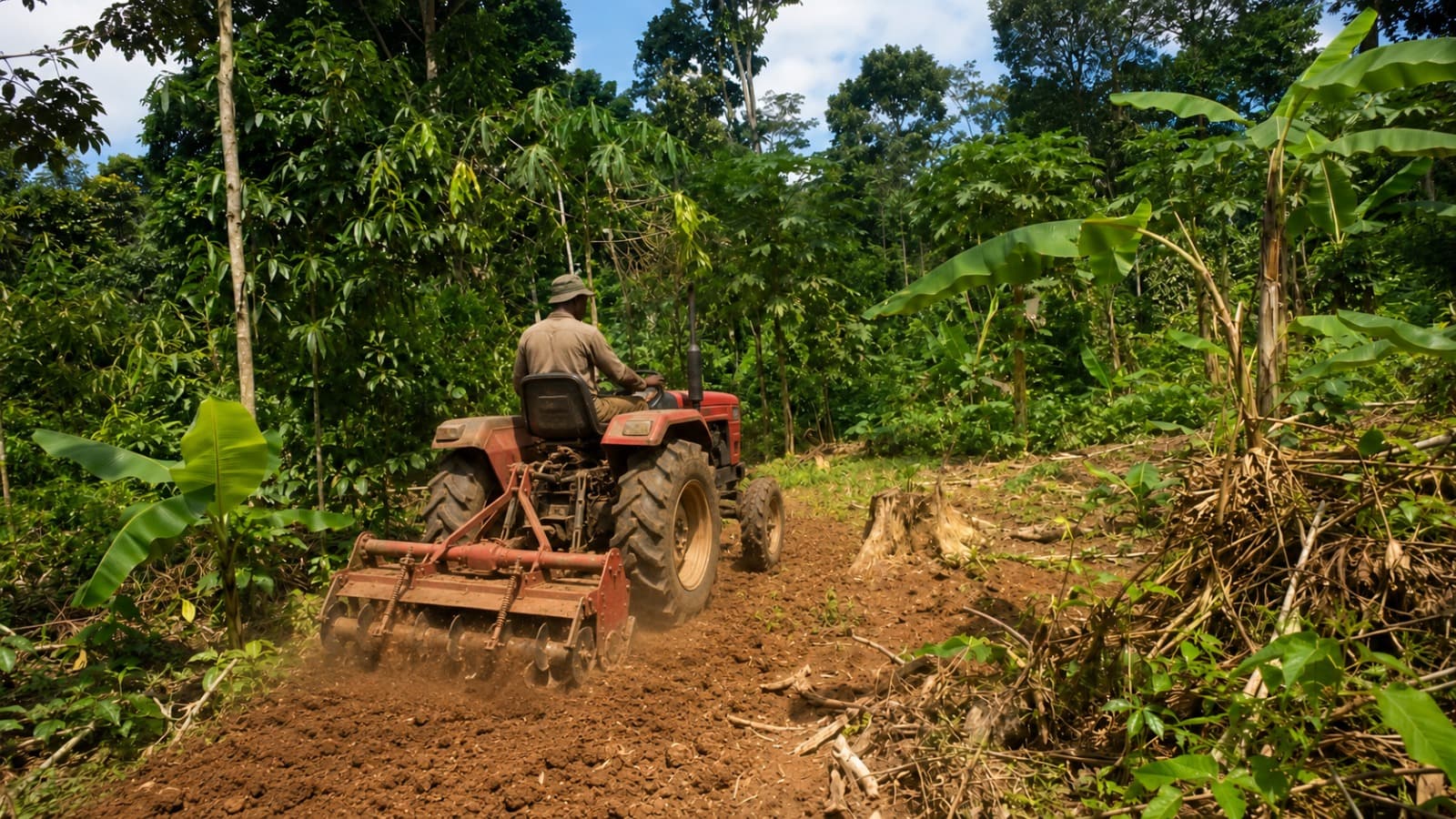 A tractor tilling freshly cleared farmland at the edge of the forest