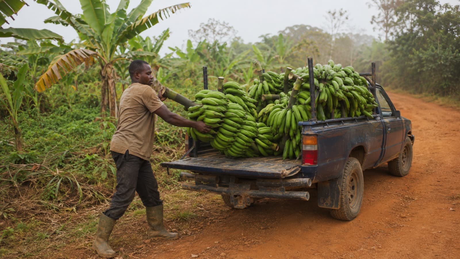 A farmer loading freshly harvested plantains onto a pickup truck